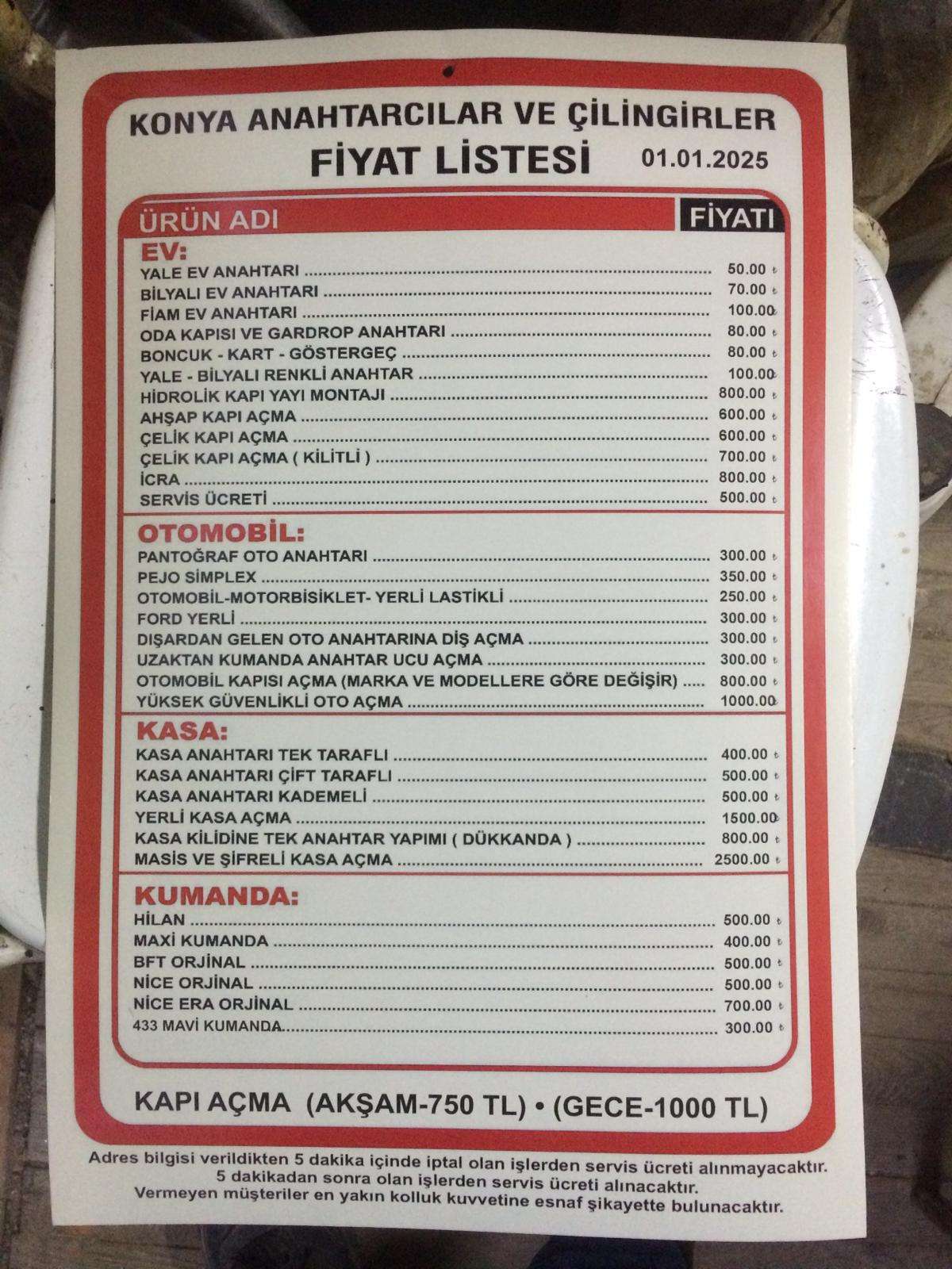 Çilingir Fiyatları~Konya~kapı açma